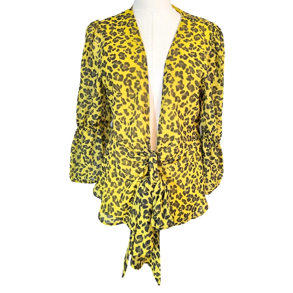 Sweet Pea NY&C Yellow Leopard Print Tie Front Bell Sleeve Mesh Top Medium NWT‎